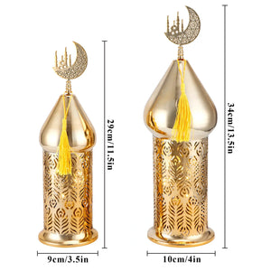Set of 2 gold metal electric Ramadan candle lanterns by JHY DESIGN with crescent moon finial and lattice cutouts