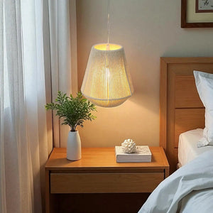 8-inch woven hemp rope battery-powered hanging lamp with beige shade in a bedroom