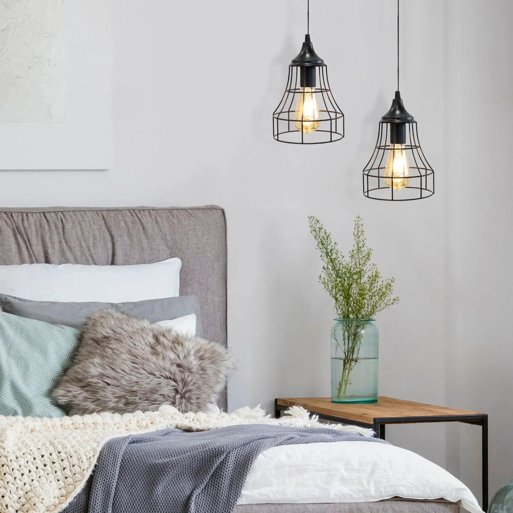 Set of 2 black metal cage pendant lamps, battery-operated with Edison bulbs