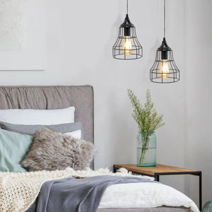 Set of 2 black metal cage pendant lamps, battery-operated with Edison bulbs