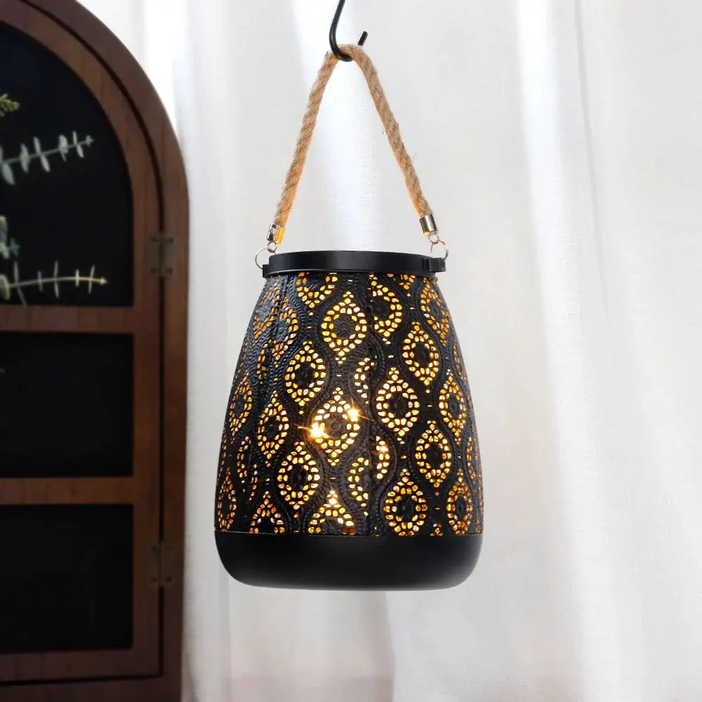 8in Moroccan metal lamp hanging lantern, black with gold brush finish, battery-operated, by JHY DESIGN.