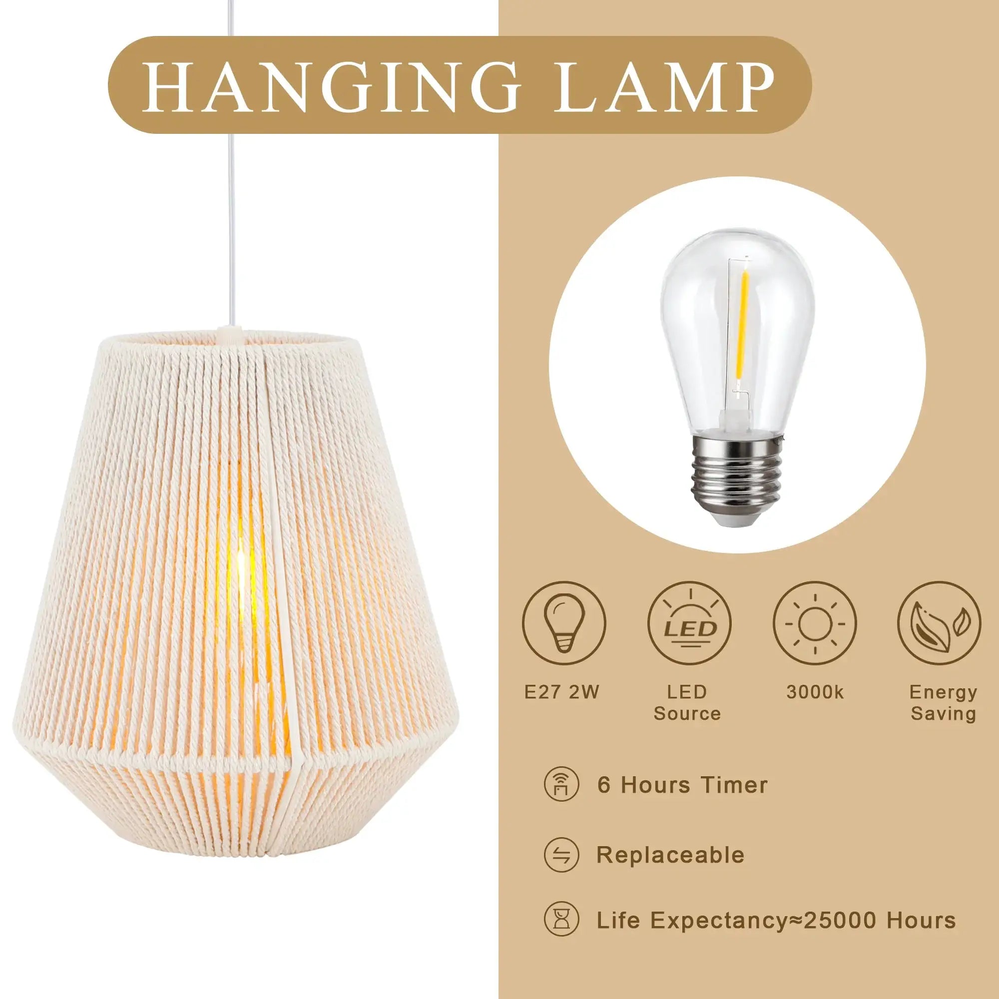 8-inch woven hemp rope hanging lamp with natural beige shade and battery-powered LED bulb for home use