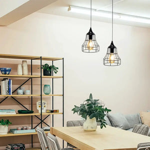 2 black hanging lamps with geometric cage frames, battery-powered, 9.5 in tall