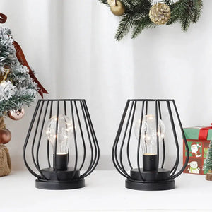JHY DESIGN battery-operated lamp set: 2 black metal lamps with wire cage frames, 7'' tall