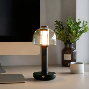 10-inch table lamp with elegant glass shade, black base, battery-powered, 3-color dimmable light.