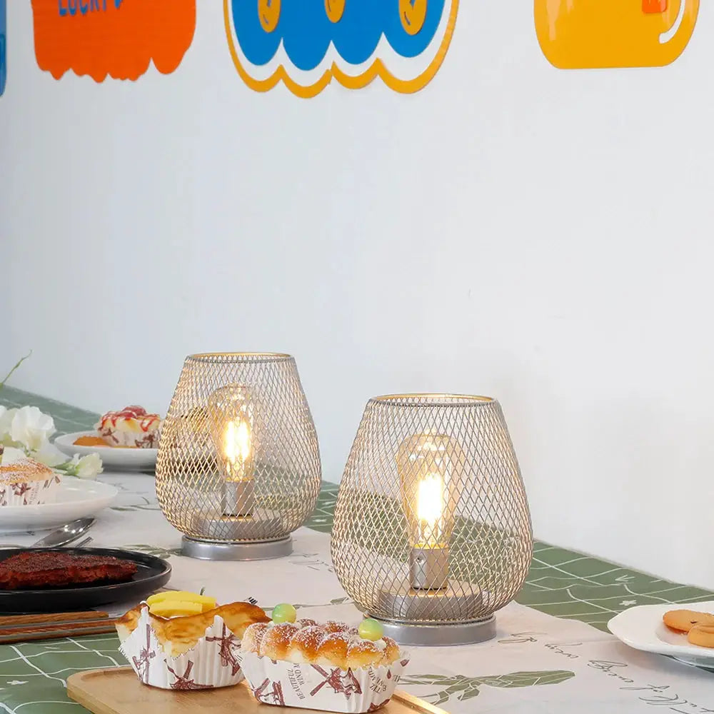 Set of 2 silver metal cage LED lanterns by JHY DESIGN, battery-operated lamps