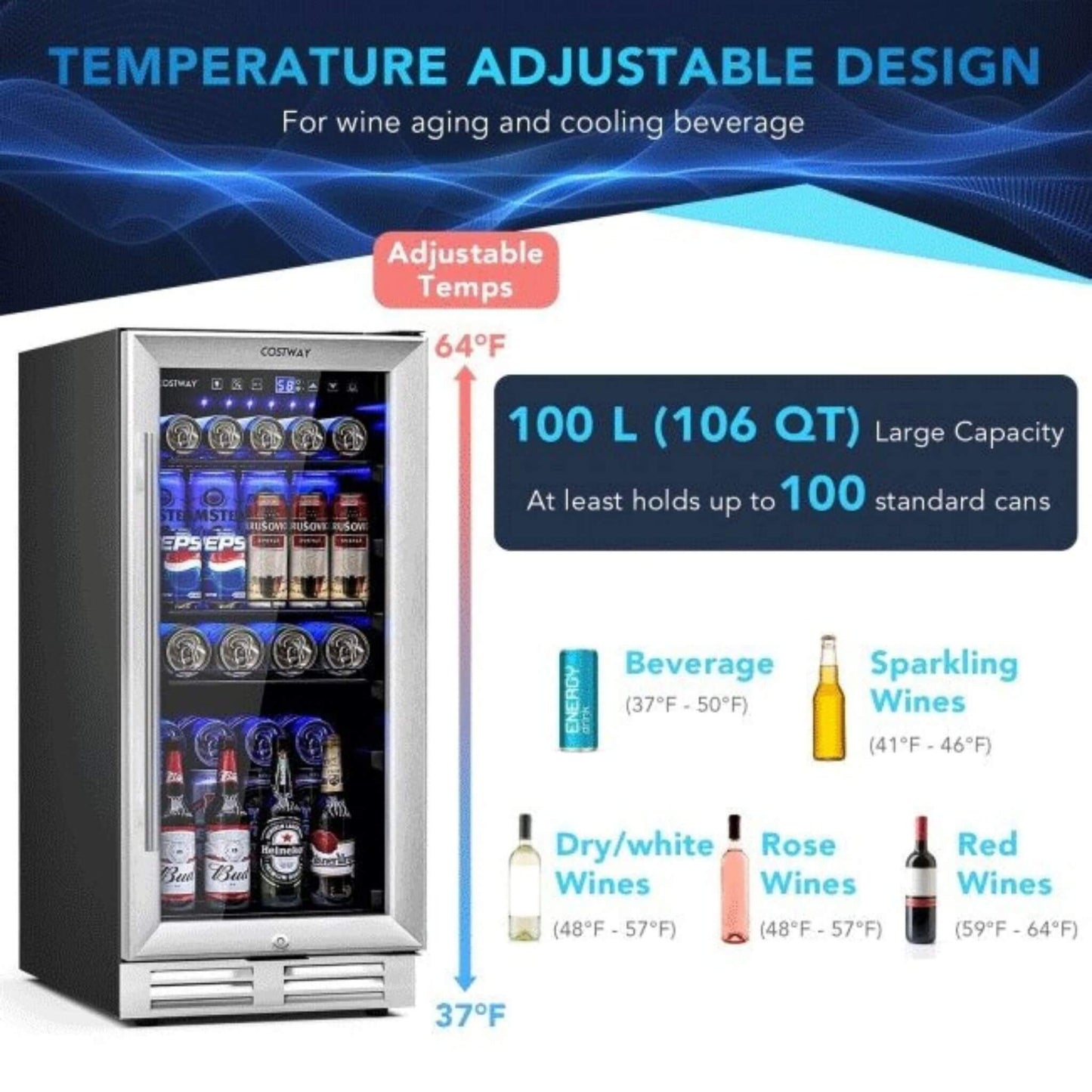 Premium 15" Tall Built-In Freestanding Beverage Cooler Refrigerator, 100 Cans (SAK77654)