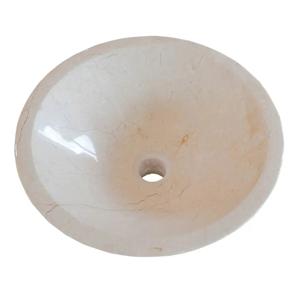 Crema Marfil marble bathroom sink, round vessel with central drain, high-gloss finish