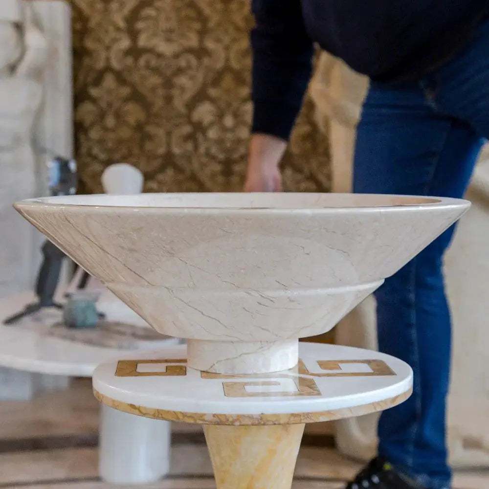 Crema Marfil Marble V-shaped above-vanity bathroom sink, high-gloss polished