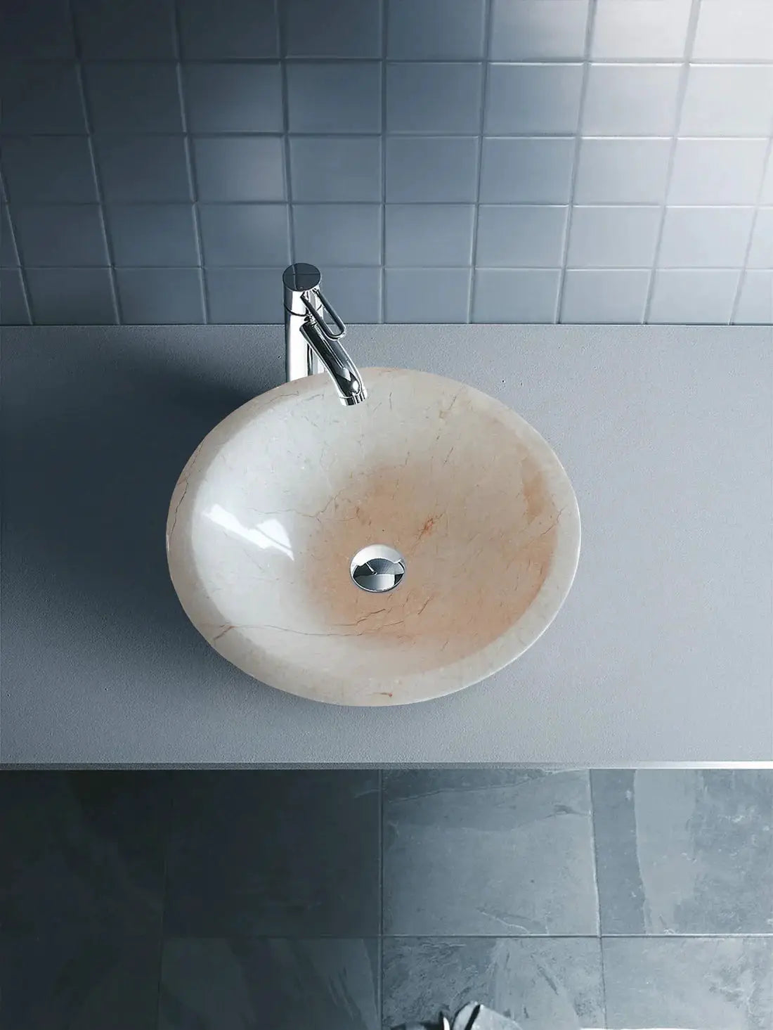 Villohome Crema Marfil beige marble round vessel bathroom sink with chrome faucet