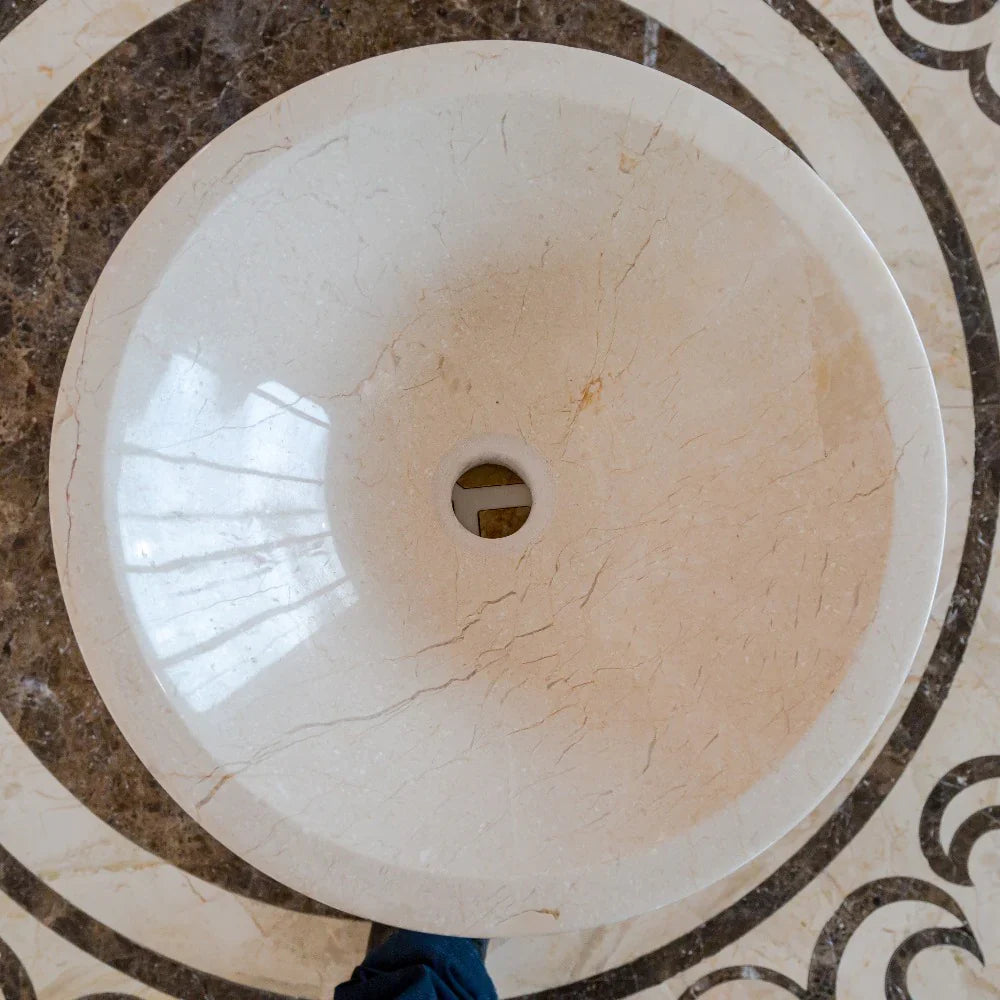 Crema Marfil marble vanity sink, round vessel bowl, high-gloss polished beige with natural veining.