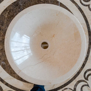 Crema Marfil marble vanity sink, round vessel bowl, high-gloss polished beige with natural veining.