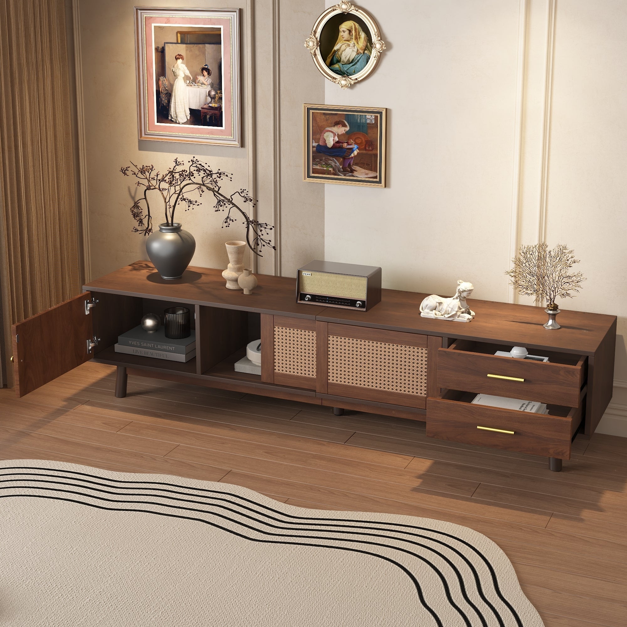 Mid Century Modern TV Stand for 80' TVs, Entertainment Center with Sliding Doors and Drawers, TV Table with Storage for Living Room, Bedroom