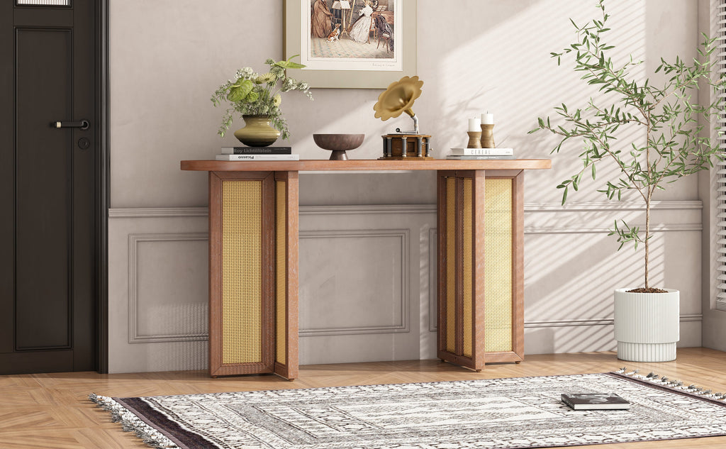TREXM Farmhouse Rattan Console Table Entryway Table, Narrow Console Table with Storage, Hallway Table for Living Room, Entrance (Natural Wood Wash)