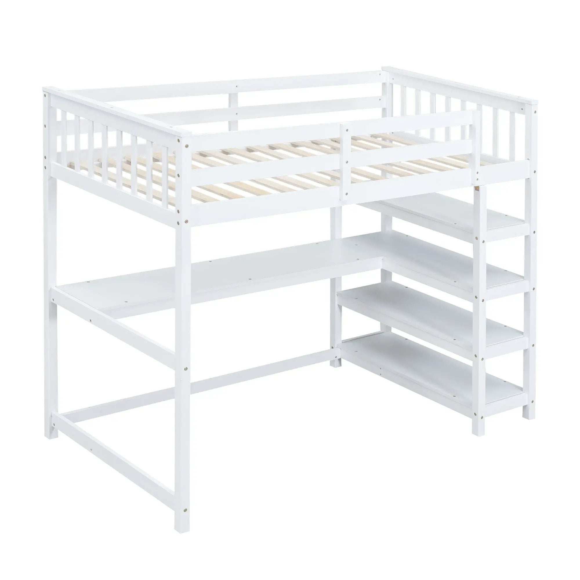 Loft Bed With Storage Shelves And Under Bed Desk
