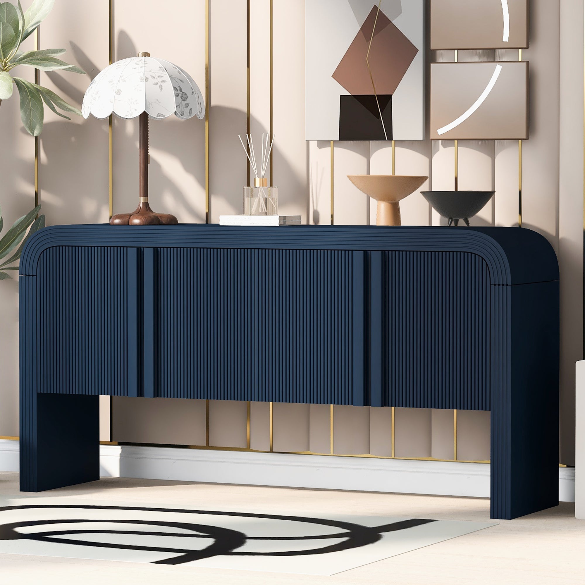 U_STYLE 63-Inch Wave-Pattern Console Table with 4 Doors and Adjustable Shelf,Curved design Sofa Table Behind Couch,Rustic Narrow Entryway Table for Living Room, Foyer and Hallway