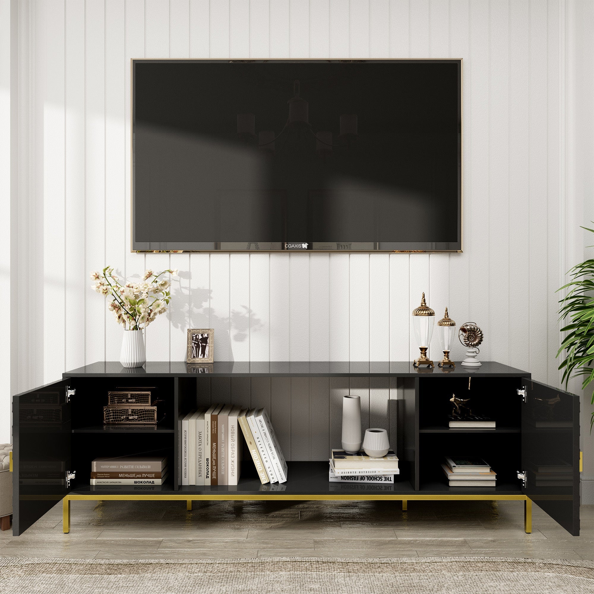 70 Inch TV Stand, Heavy Duty Wood Media Entertainment Center Console with Cabinet Storage & Open Shelves for Living Room, Modern Design (Black)