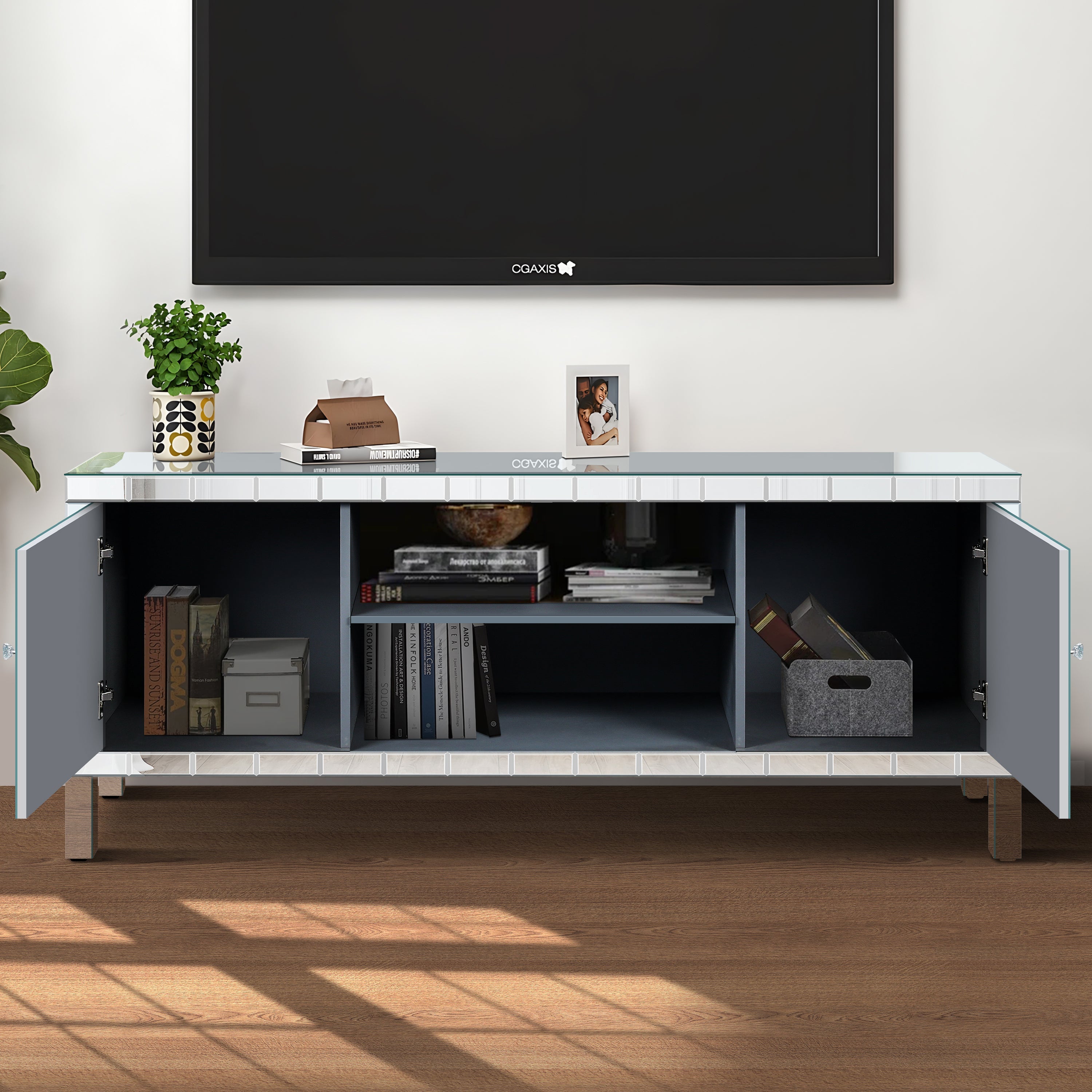 Mirrored TV Stand for 65+ inch TV,Sliver TV Console Table with Open Storage & 2 Storage Cabinets ,Diamond Shape Sparkling Mirror Doors for Living Room(59''W x 25.2''H x 15.7D)