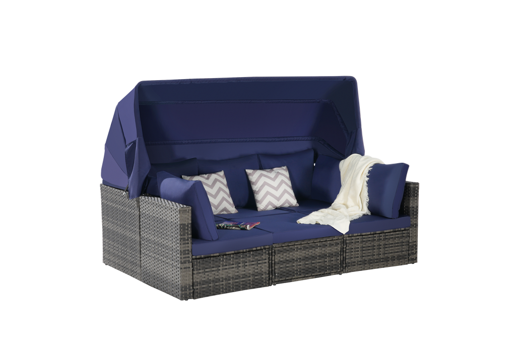5 Pieces Outdoor Patio Wicker Daybed Furniture Set with Retractable Canopy, Storable Side Table, and Soft Cushions for Relaxing in Your Backyard or Porch