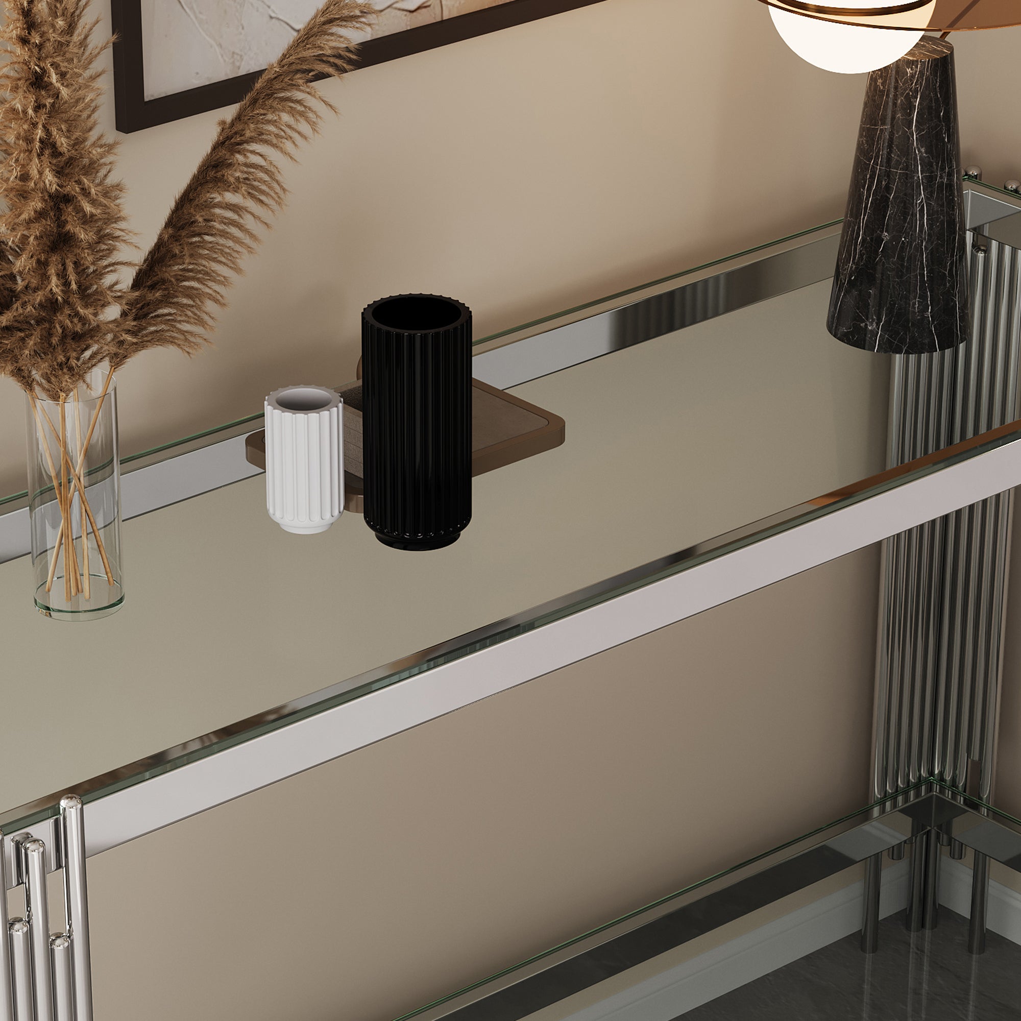 Top and Bottom Double Layer Tempered Glass Console Table and Mirror Finished Stainless Steel Frame