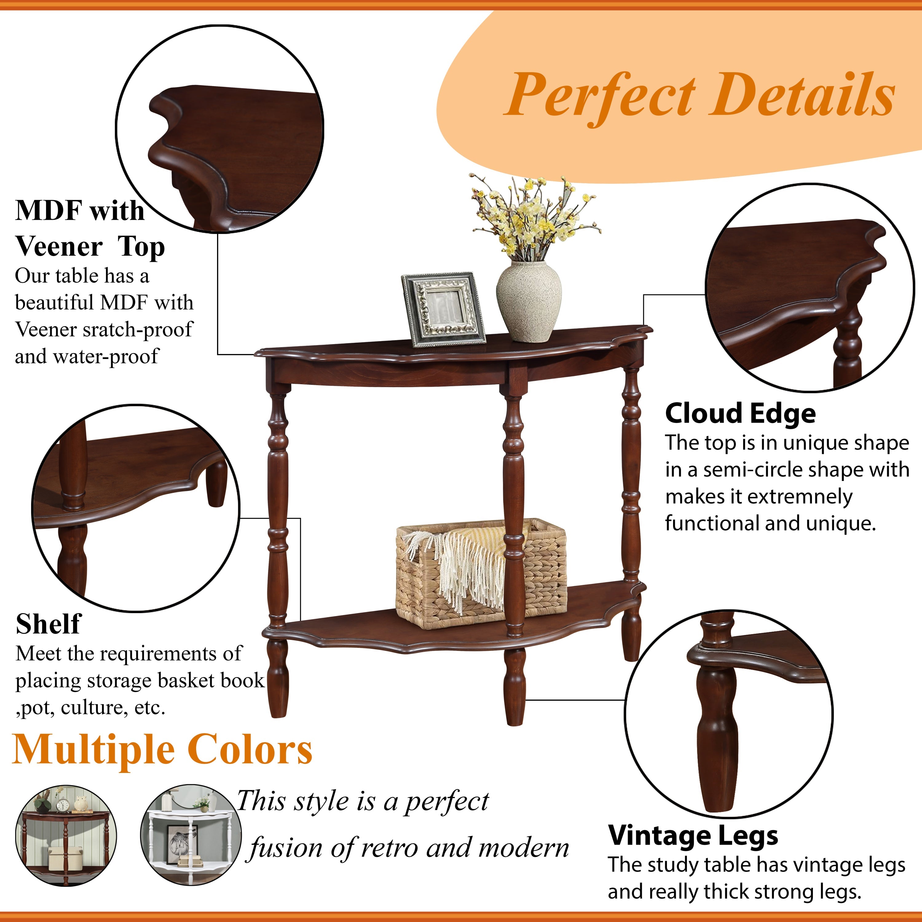 42'' Retro Circular Curved Half-Moon Console Table with Cloud Design Top and Open Shelf Solid Wood Frame and Legs, Light Espresso