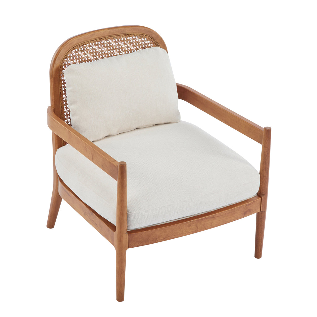 [Set of 2] 26.6' Mid-Century Modern Accent Chair with Light Brown Finish Solid Wood Frame and Rattan Backrest, Beige Cushion, Comfy Armchairs for Living Room, Bedroom, Reading Nook