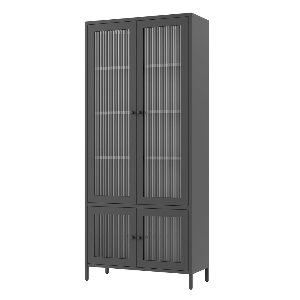 Large Metal Storage Cabinet Display Cabinet with 4 Glass Doors 5 Shelves Side Cabinet Bookcase Freestanding Cabinet for Bedroom Living Room Pantry Home Office - Black, Fluted Tempered Glass