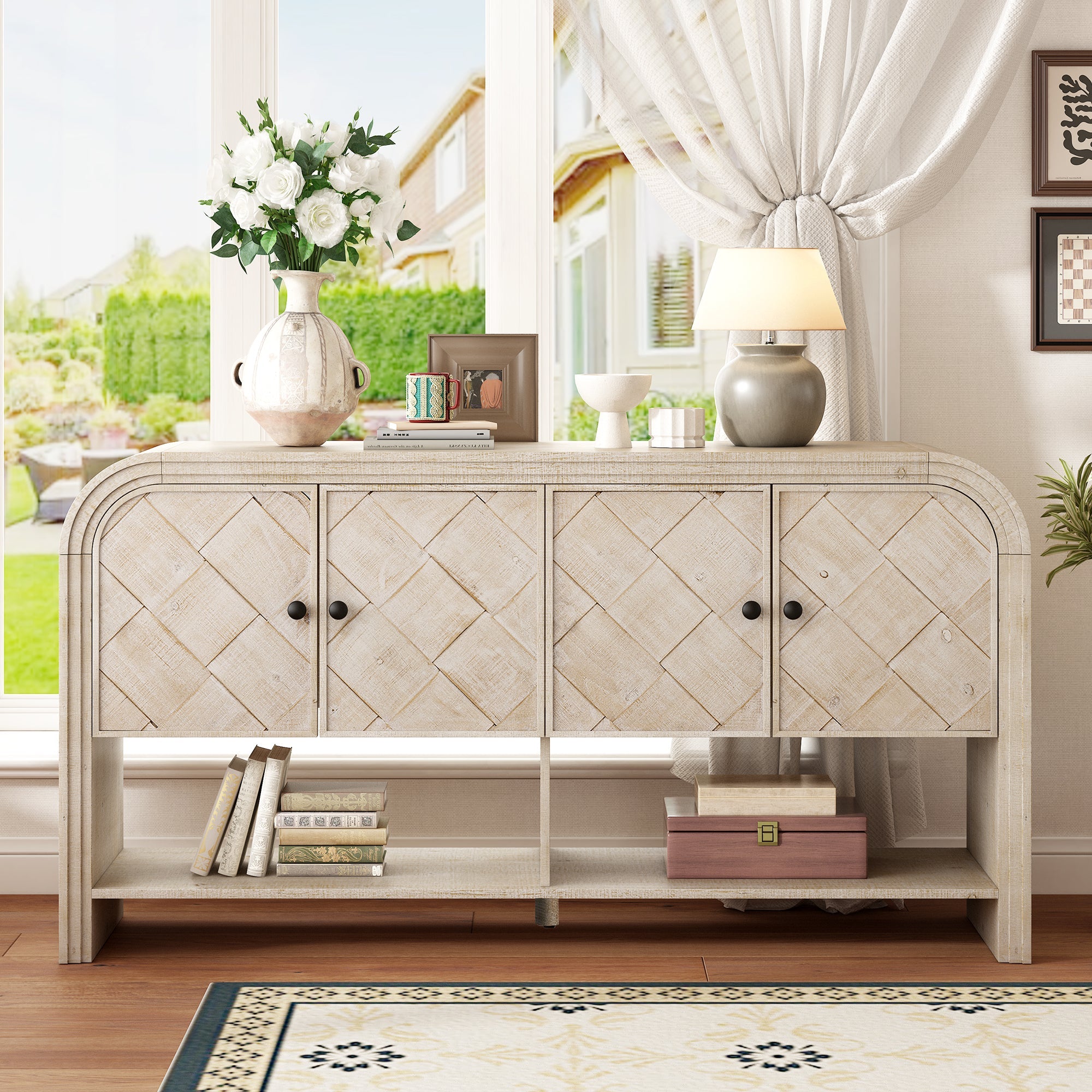 U_Style Versatile console table with Woven Wood Slats and Solid Wood Veneer,Suitable for Entryway, Hallway, Living Room,Foyer,Corridor