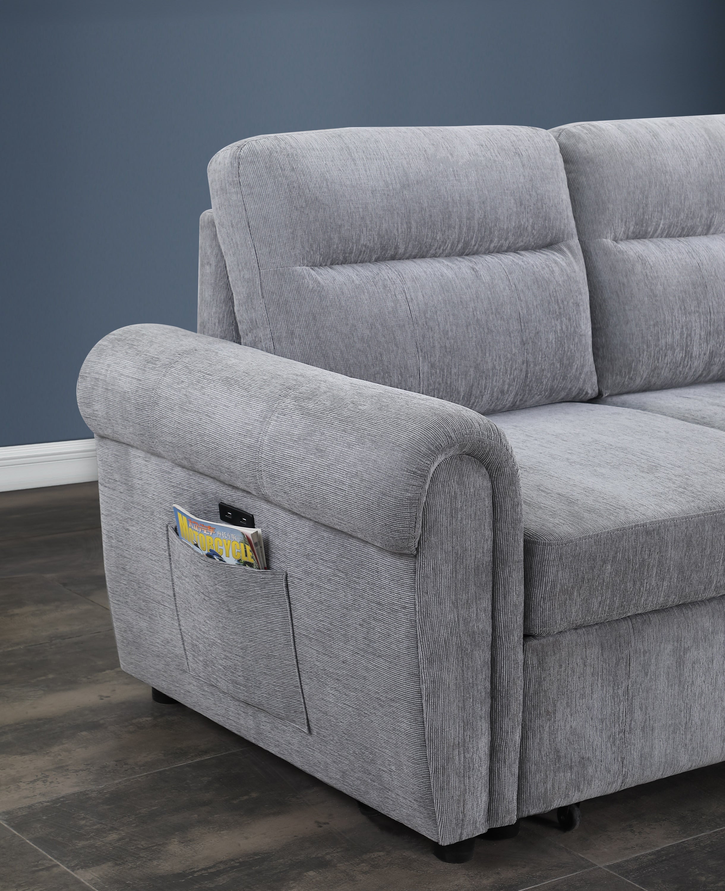 Hugo 97'W Light Gray Chenille Reversible Sleeper Sectional Sofa Chaise with USB Chargers, Phone/Magazine Pockets