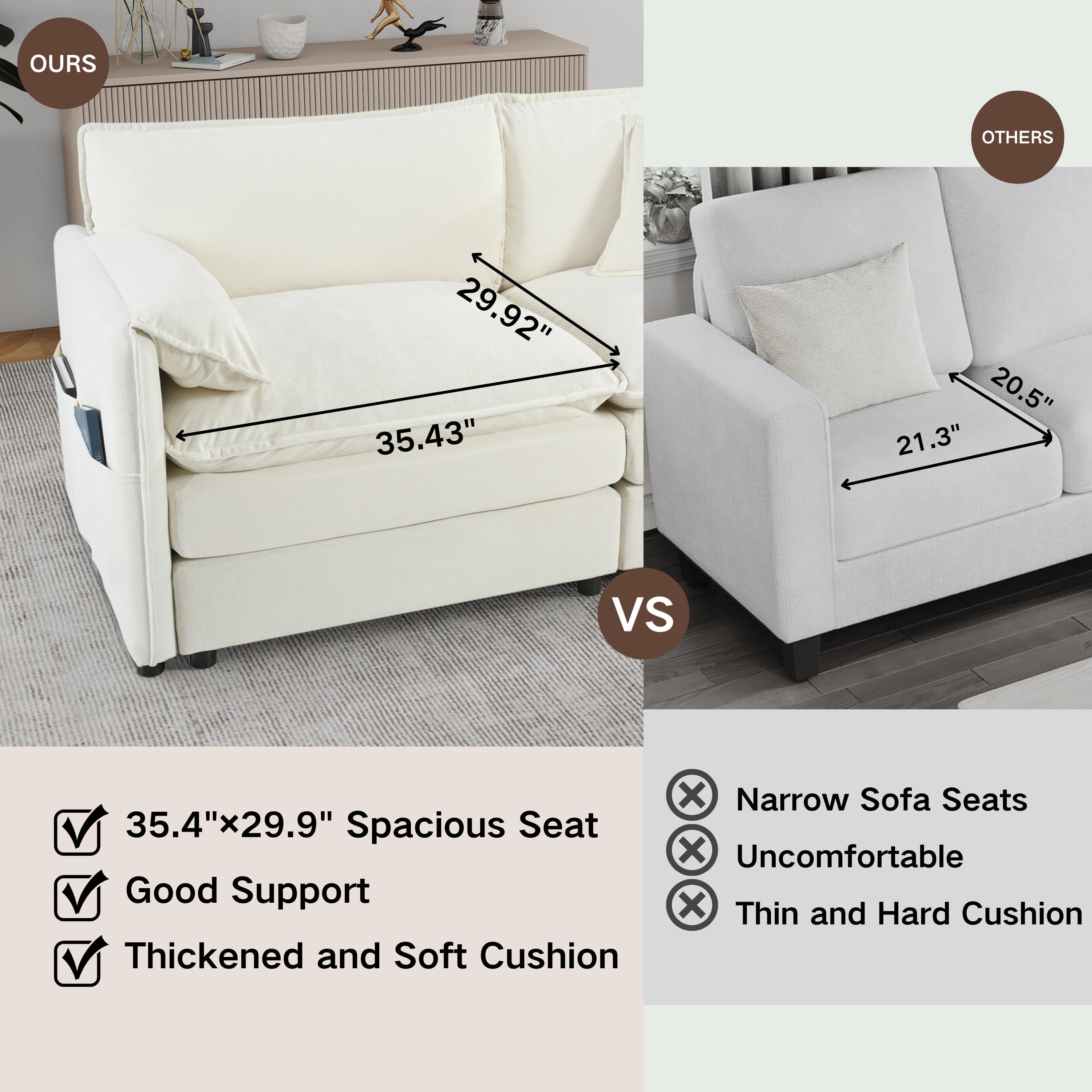 Oversized Deep Seat Sectional Sofa, Green Modern Chenille Cloud Couch, Large 3 Seater Modular Sofa with 3 Pillows for Living Room Bedroom Apartment Office,DIY Combination,Beige