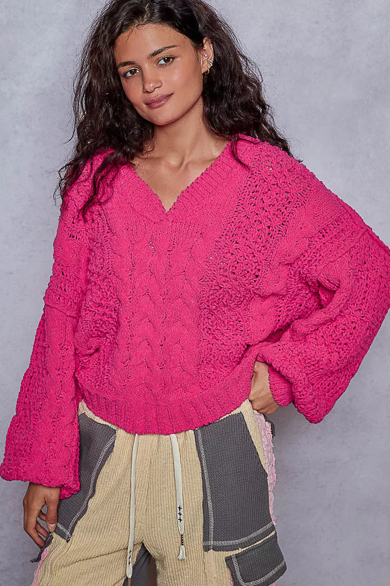 POL Cable-Knit Solid V-Neck Cropped Sweater