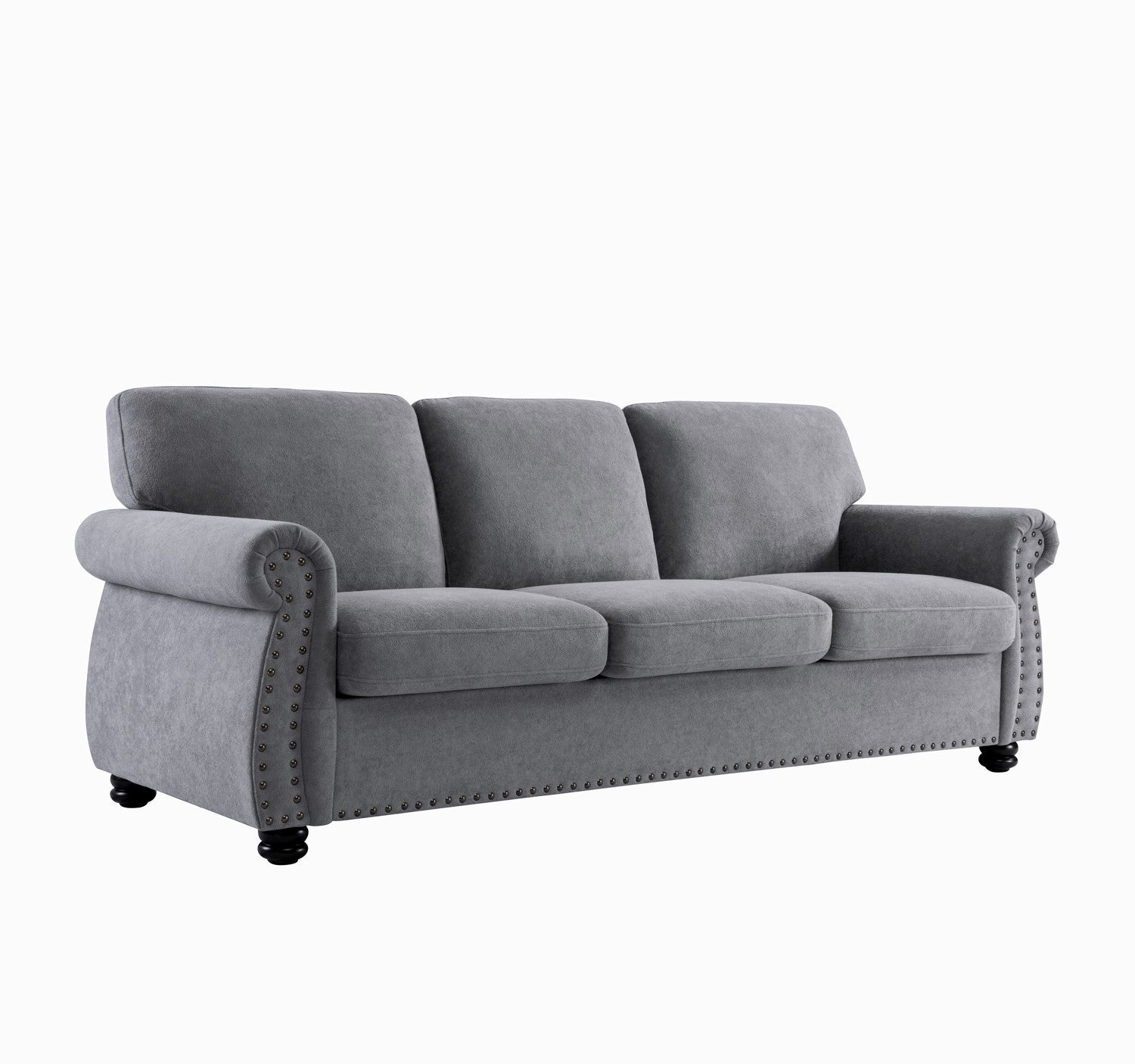 Soft Velvet Sofa, Upholstered 3 Seater Couch with High-Density Foam, Loose Back Cushions and Solid Wood Turned Legs, Chic Living Room Furniture for Home, Apartment and Office, Grey
