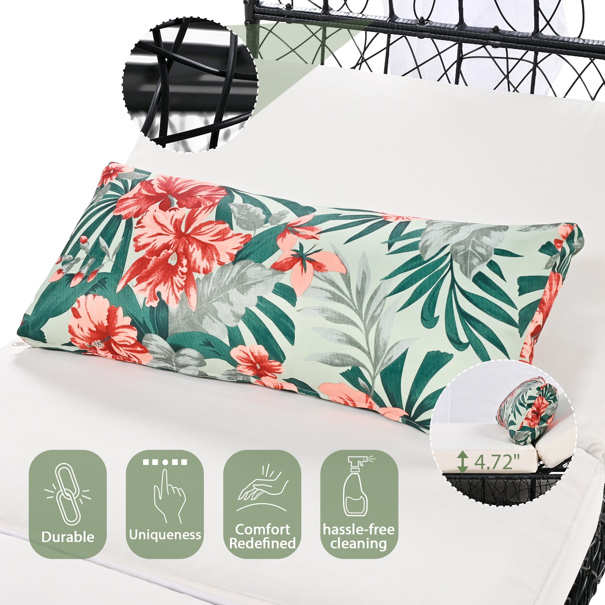 GO 90.55' Outdoor Patio Daybed with Curtain, Sunbed with Cushion and Colorful Pillow, Wicker Lounge Chairs Backrest Adjustable Recliners for Pool Garden Backyard, Beige Cushion, Black Wicker