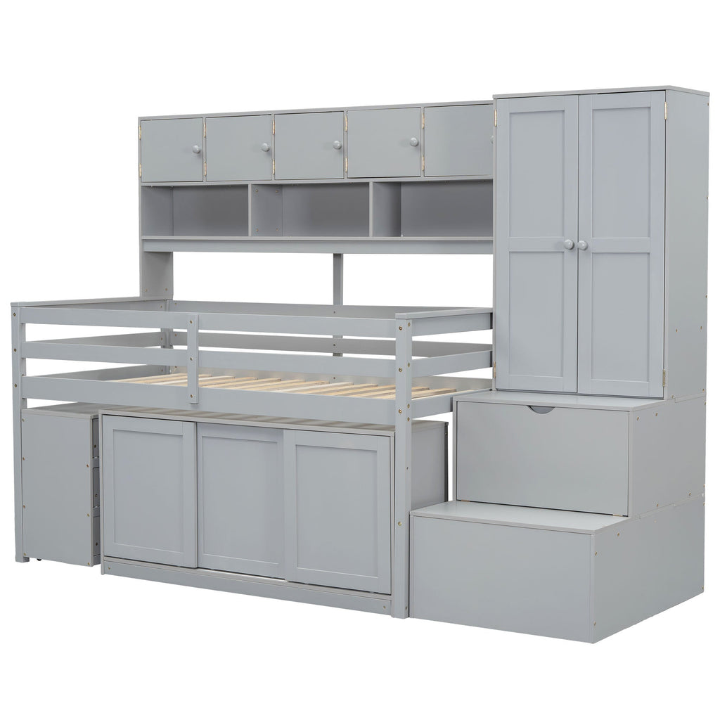 Twin Size Wooden Loft Bed Big Storage with Under-bed Desk, with Drawers, with Shelves, Gray