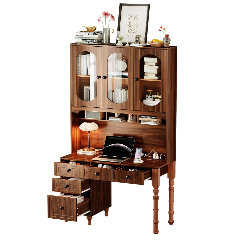 47'' Retro Desk with Charging Ports and Hutch Cabinet, Office Desk with 5 Storage Drawers and Transparent Glass-Door Bookshelf, Executive Computer Desk for Home Office, Bedroom, Walnut