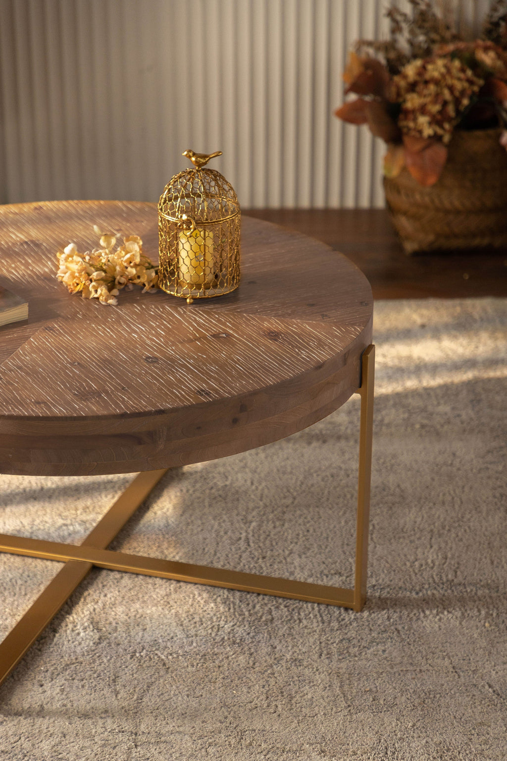 33.86"Modern Retro Splicing Round Coffee Table,Fir Wood Table Top with Gold Cross Legs Base(Same SKU:W757126236)