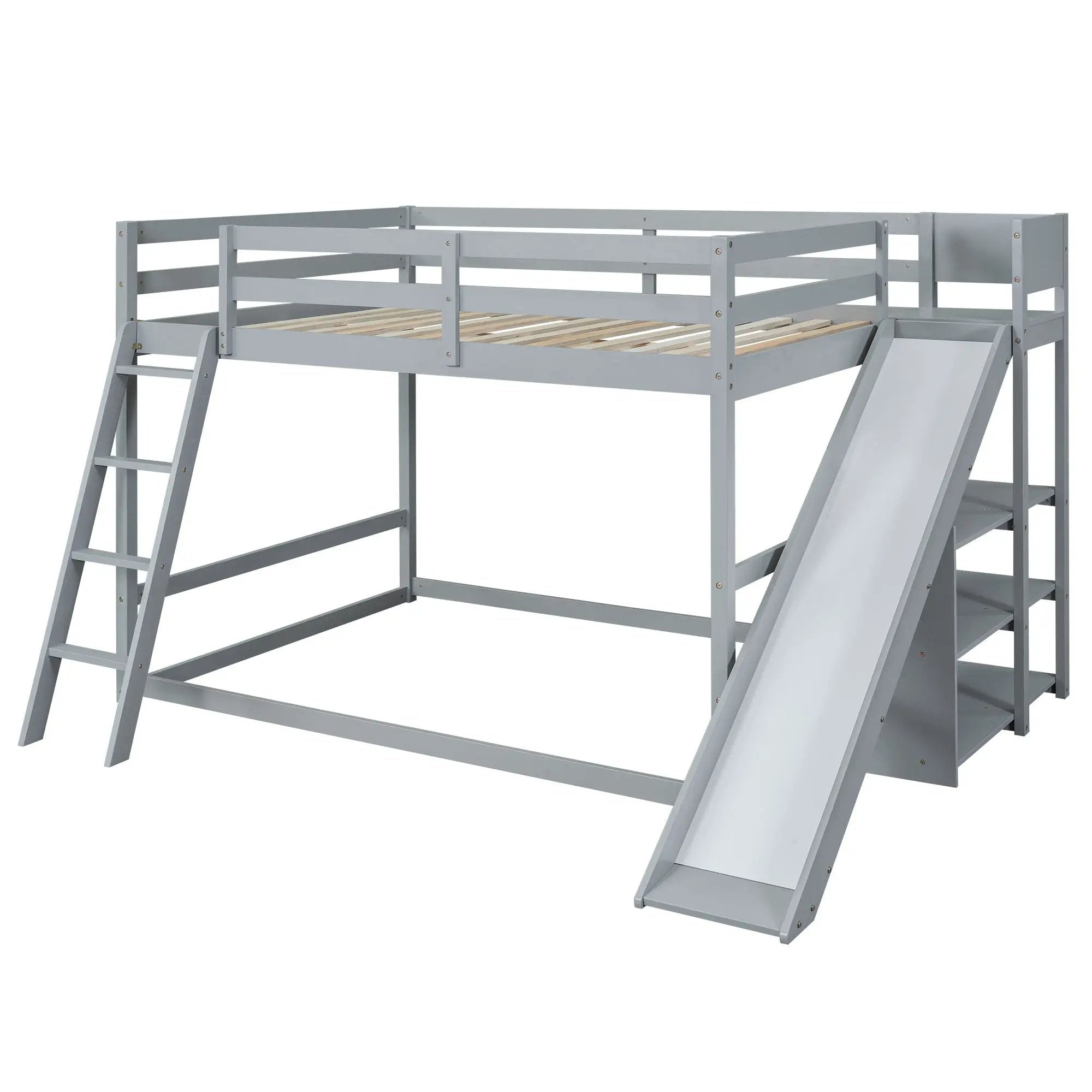 Bunk Bed With Ladder, Slide, And Shelves Pine Wood