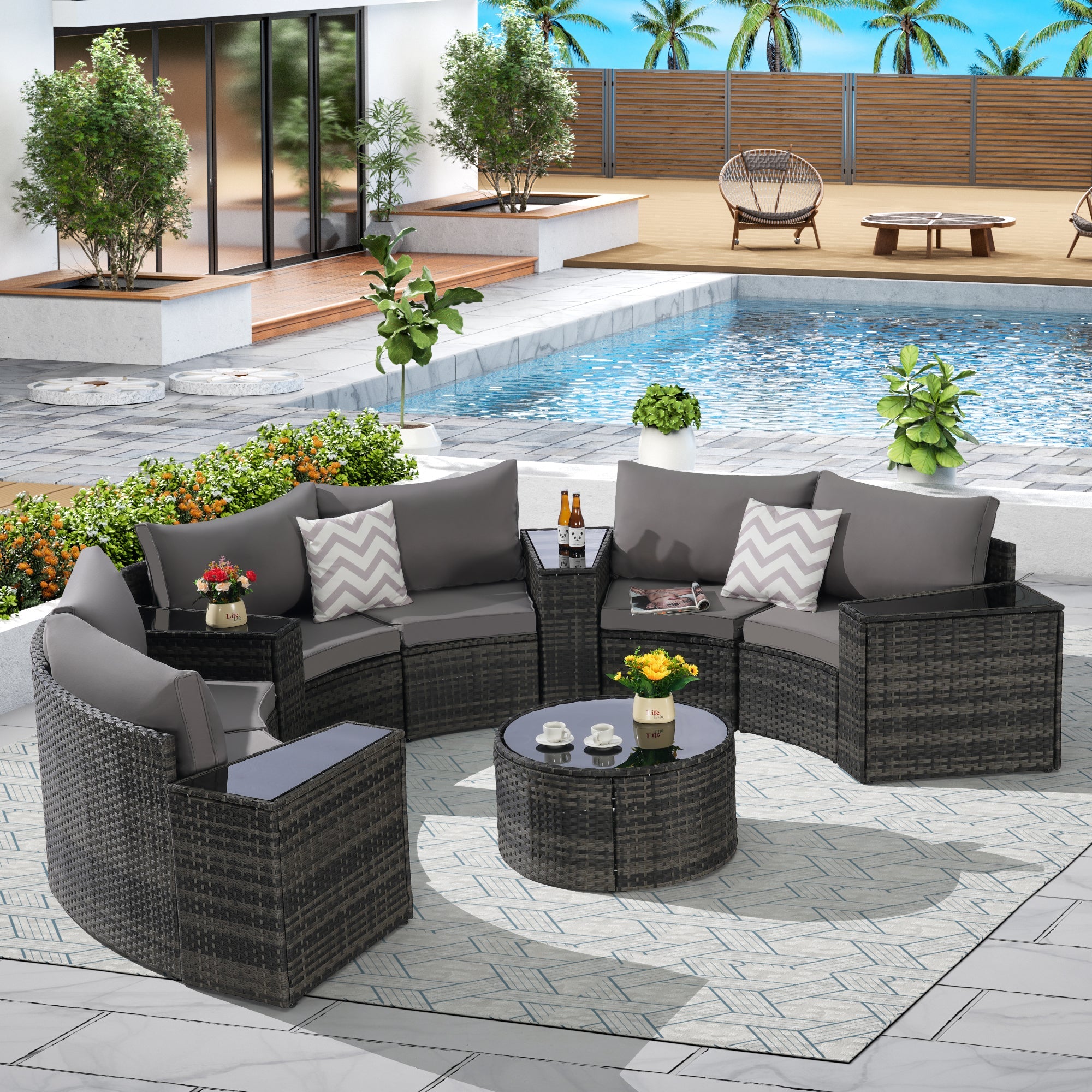 Outdoor Patio Furniture 11-Piece Half-Moon Sectional Round Patio Furniture Set Sofa with Tempered Glass Round Coffee Table