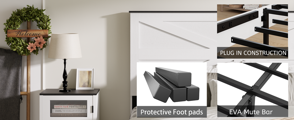 King Bed Frame Headboard , Wood Platform Bed Frame , Noise Free,No Box Spring Needed and Easy Assembly Tool,Large Under Bed Storage,White