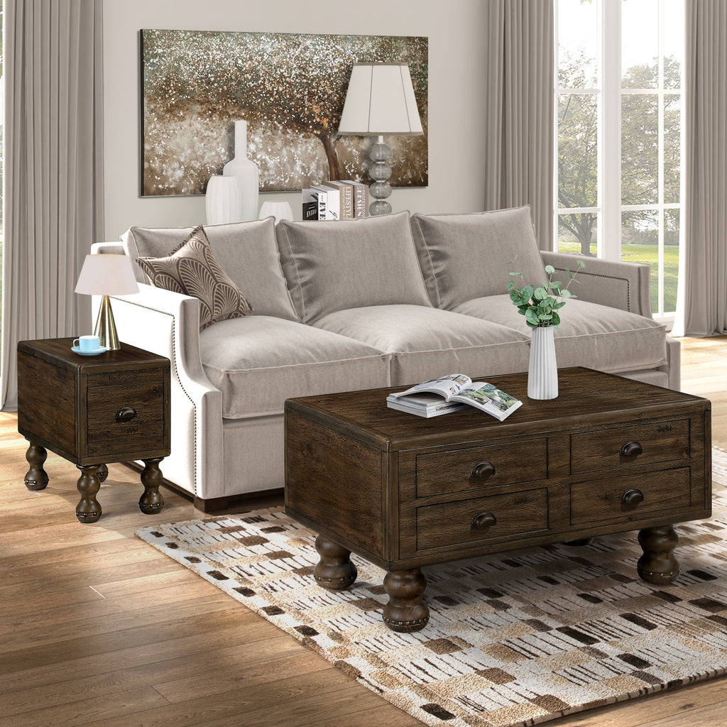 Solid Wood Rectangle Coffee Table for Living Room, 40-Inch Antique Coffee Table with 4 Drawers, Wood Center Table Tea Table with Rivet Decoration Legs.Easy Assembly, Espresso
