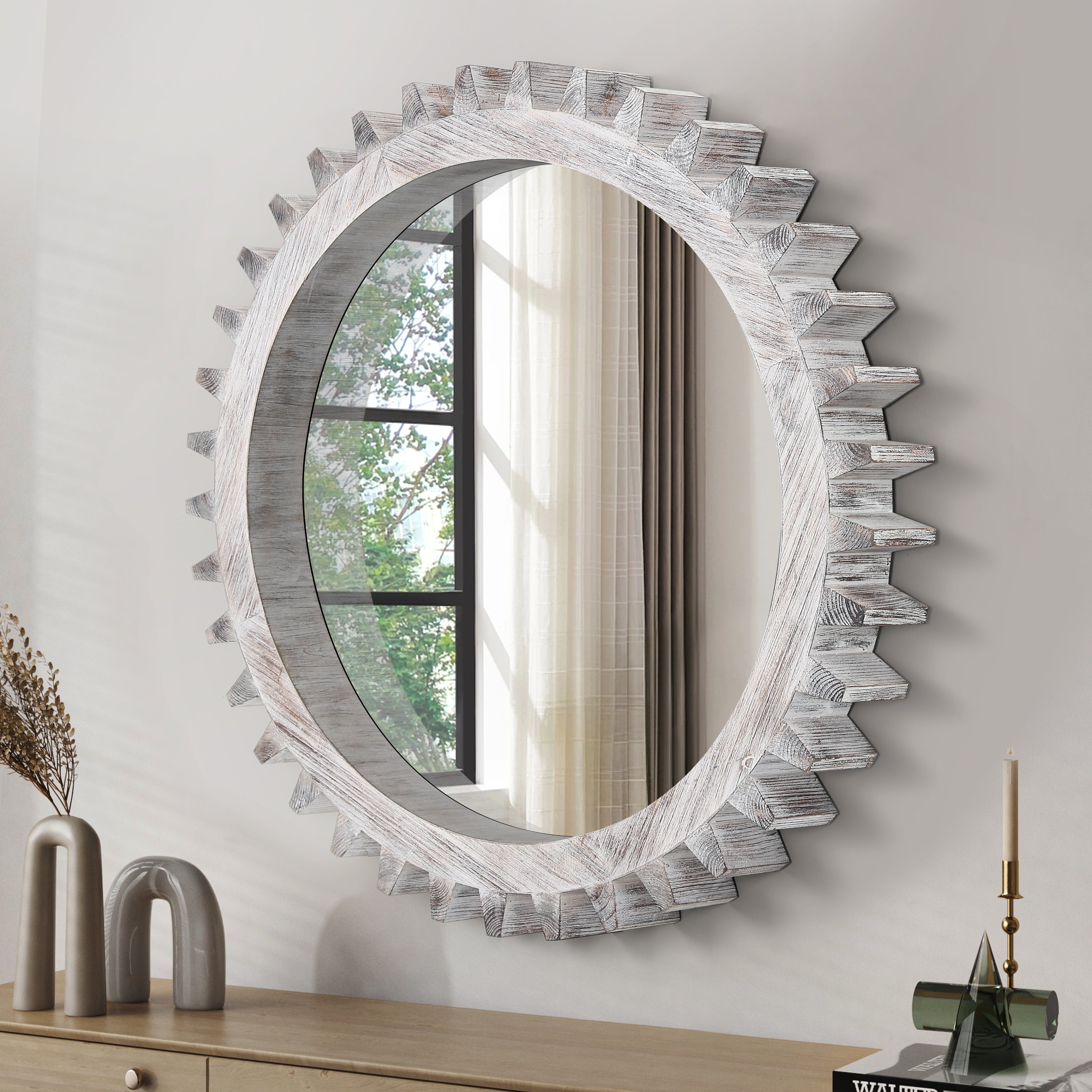Vintage 42'' x 42'' Wood Round Hanging Gear Shape Heavy Decorative Mirror For Bathroom Living Room Entryway Or Put Together  To Your Liking.(Antique White Washed)