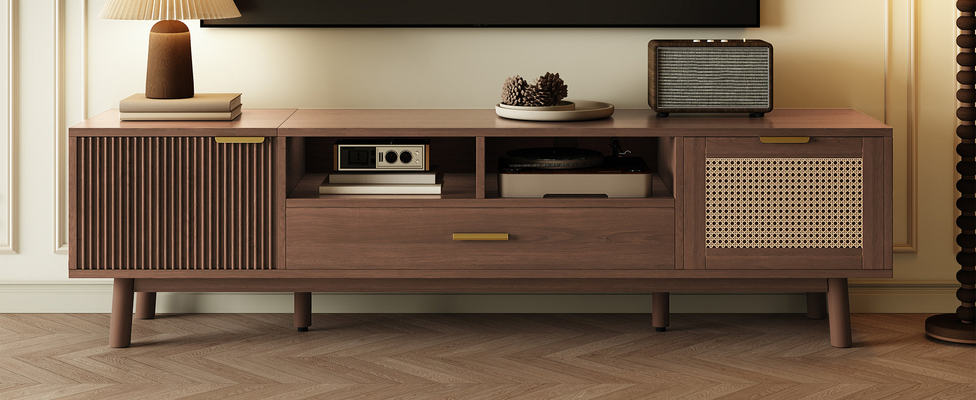 Wood Fashionable TV Stand for 75' TVs, TV Cabinet with Soft-Closing Door and Drop-Down Door Cabinet, Modern TV Consoles for Living Room, Bedroom