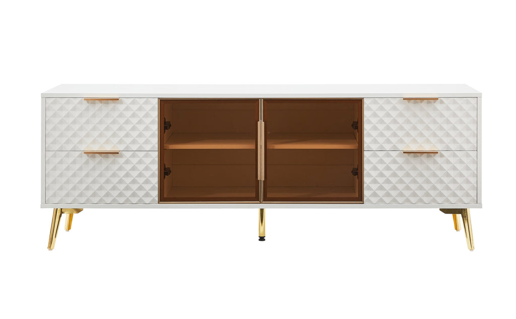 Deluxe Sculpted Modern Fashion Geometric Style TV Stand, Aluminum Frame Tempered Glass Door 4 Drawer Chest with Adjustable Metal Feet ,White,59.9'L x 15.7'W x 21.7'H