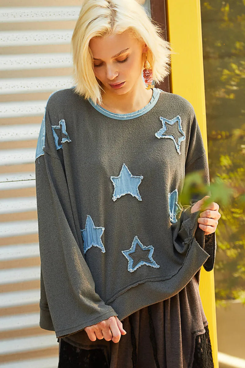 POL Exposed Seam Relaxed Fit Sweater with Star Denim Patch
