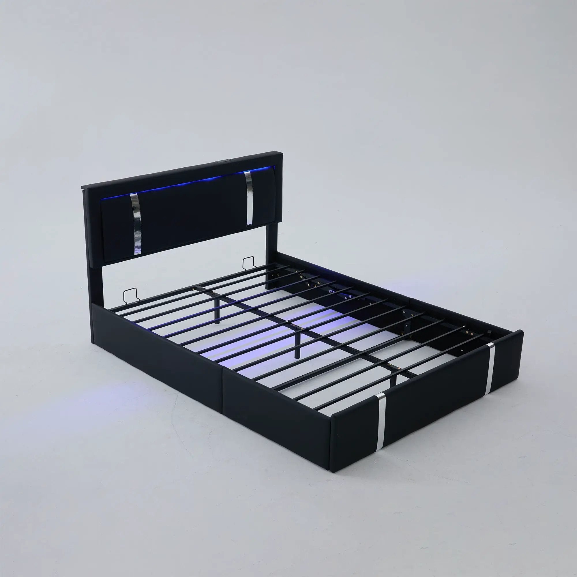 Upholstered Platform Bed Frame With Adjustable LED Headboard, USB C-Charging, Hydraulic Lift