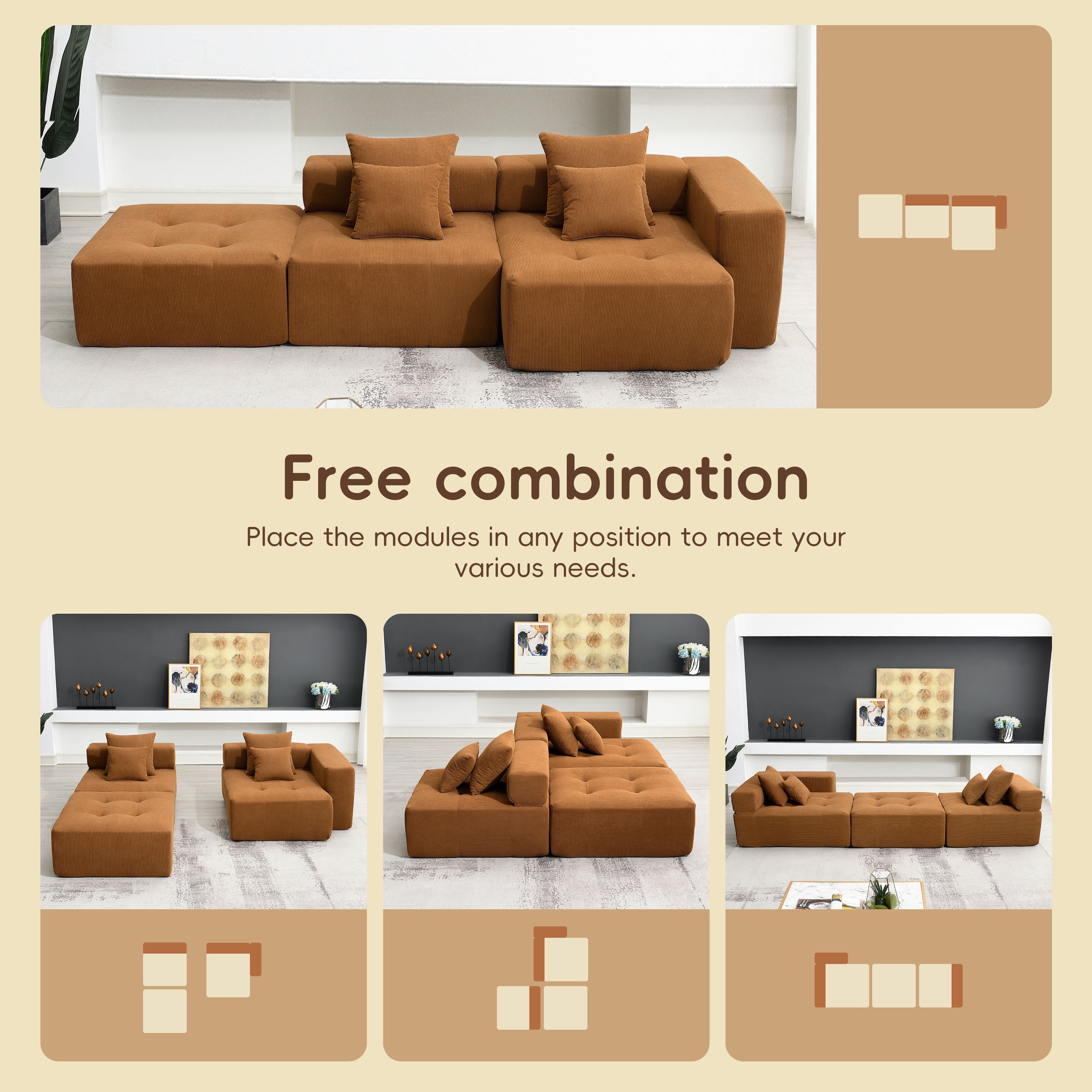 105.5''L Shaped Modular Sectional Sofa,Wide and Deep Seat,Minimalist Wrinkle-resistant Corduroy Couch,Full Compressed Cloud Couch for Living Room,3 PC Free Combination,No Assembly Required,3 Colors