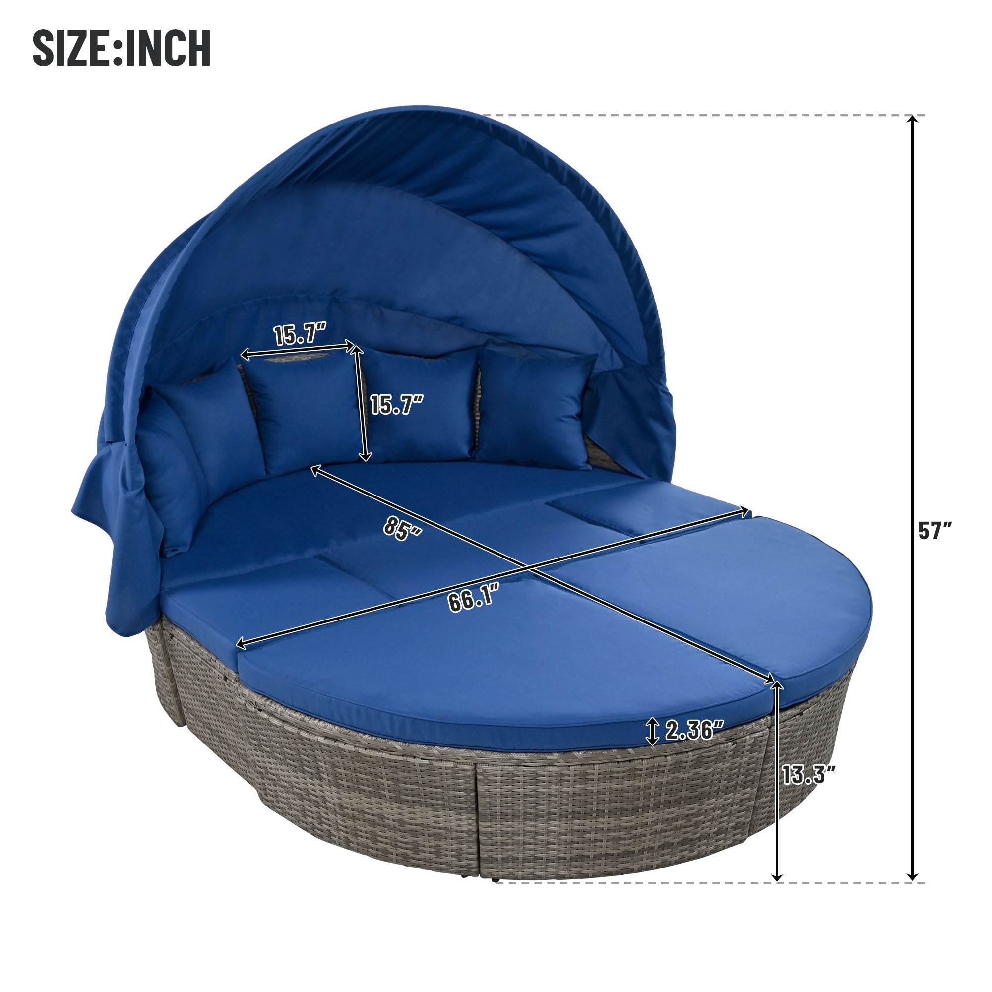 GO Outdoor rattan daybed sunbed with Retractable Canopy Wicker Furniture, Round Outdoor Sectional Sofa Set, Gray Wicker Furniture Clamshell Seating with Washable Cushions, Backyard, Porch, Blue