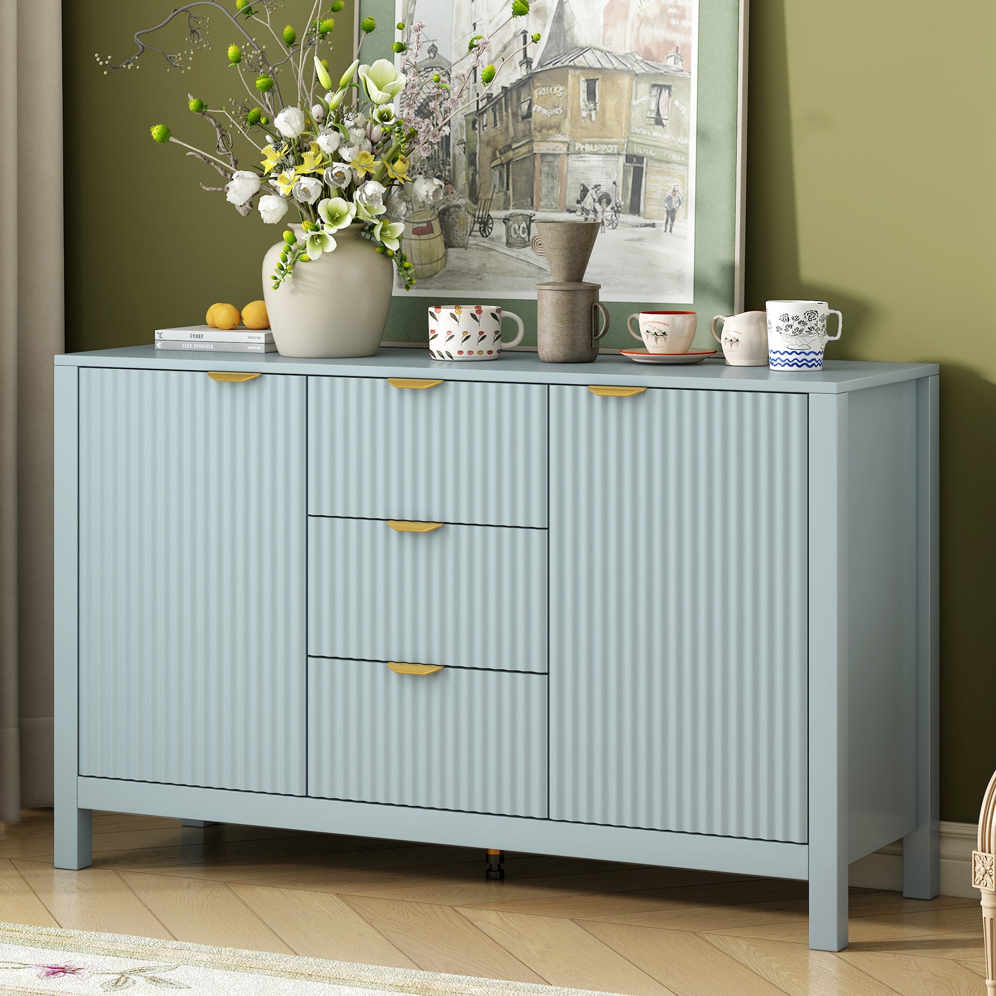 U_STYLE Sideboard with Wave Design - 3 Adjustable Shelves, 3 Drawers & Soft-Close Doors, Storage Console Table with Metal Handles, Suitable for Study, Hallway and Living Room, 3 Colors