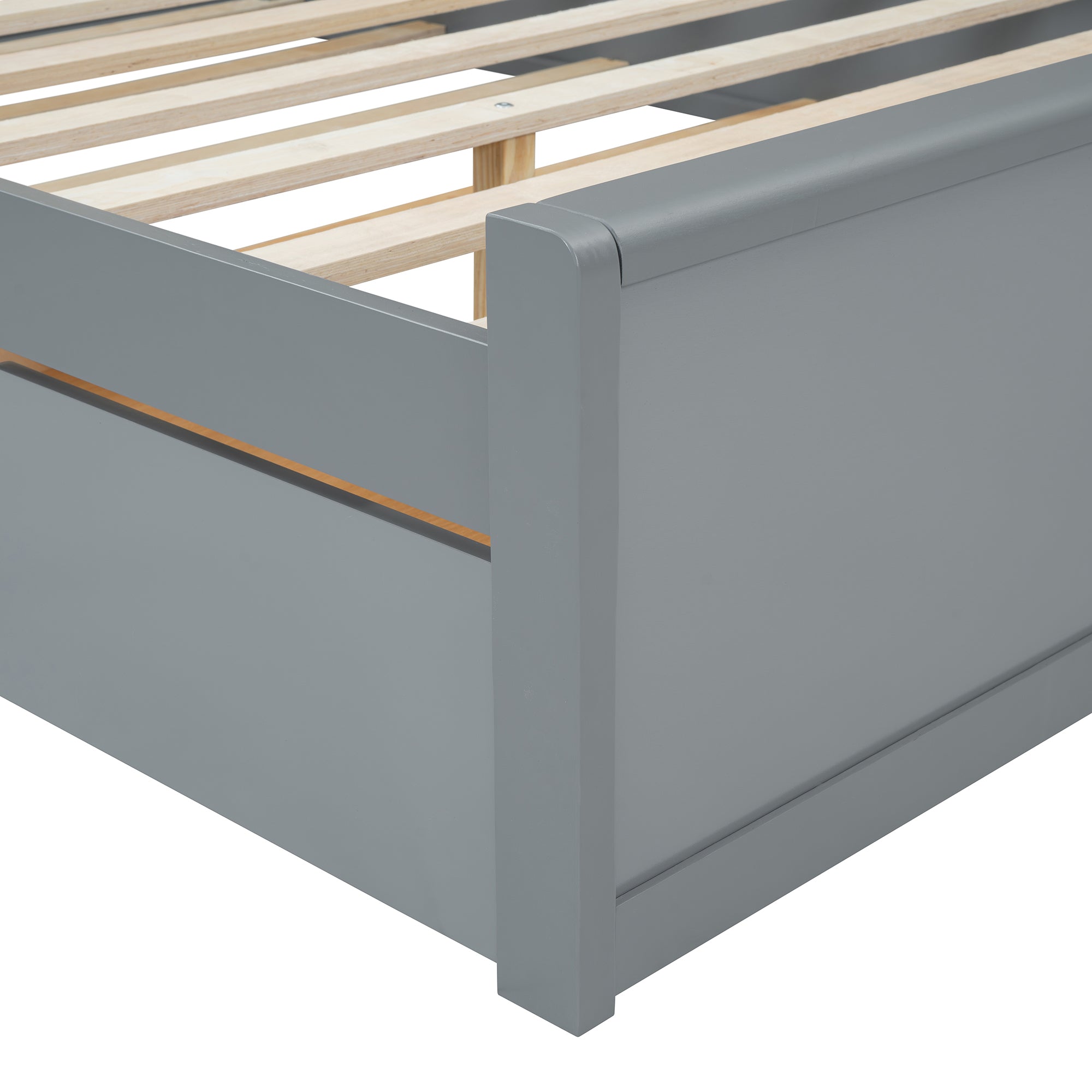 Queen Size Rattan Headboard Bed with Two Drawers and Trundle, Gray