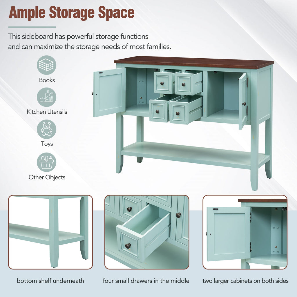 TREXM Cambridge Series  Ample Storage Vintage Console Table with Four Small Drawers and Bottom Shelf for Living Rooms, Entrances and Kitchens (Retro Blue, OLD SKU: WF190263AAC)